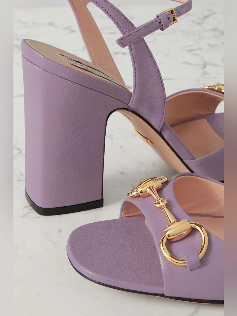 Gucci horsebit Lilac Leather Block Heel Sandals with Gold Hardware. Full inclus!
